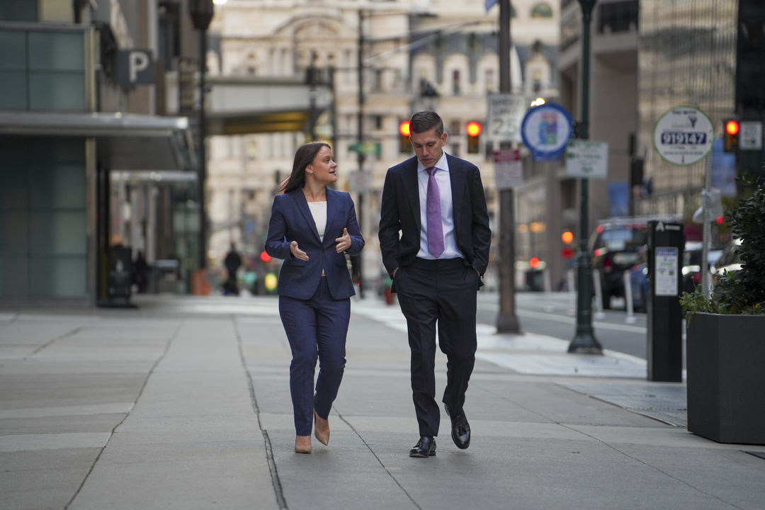 Medina | Morgan attorneys Steve Medina and Cindy Morgan walking in Philadelphia, PA